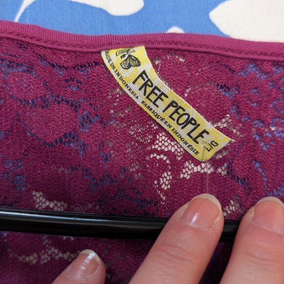 Free People Size Large Magenta Mini Dress Lace Back Puff Sleeve - Picture 5 of 5